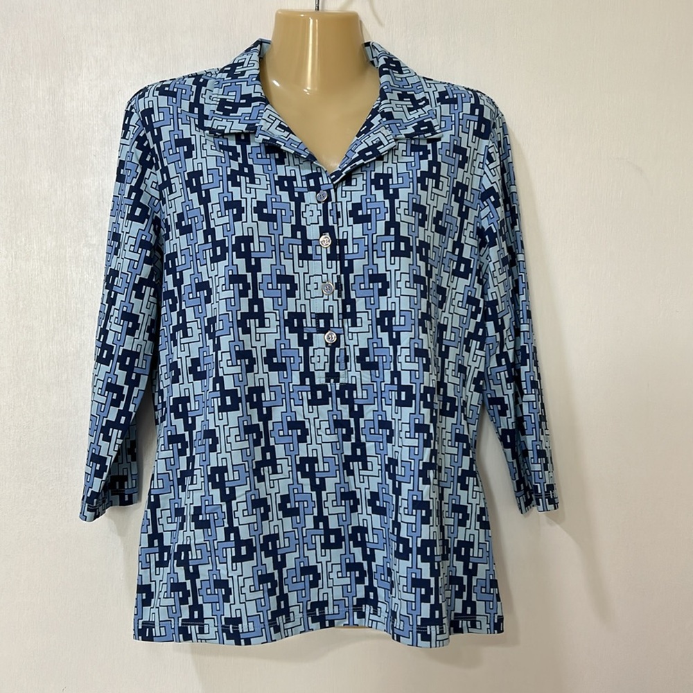 J.cMLAUGLIN GEOMETRIC BLOUSE WOMEN STRETCHY ELBOW SLEEVE BLUE Sz LARGE